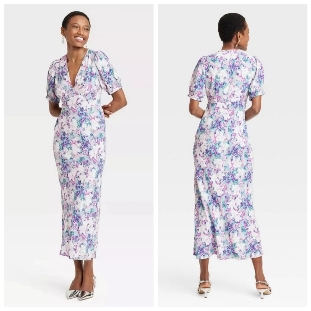 A New Day NWOT Bias V-Neck Midi Maxi Dress with Abstract Print- Size XS